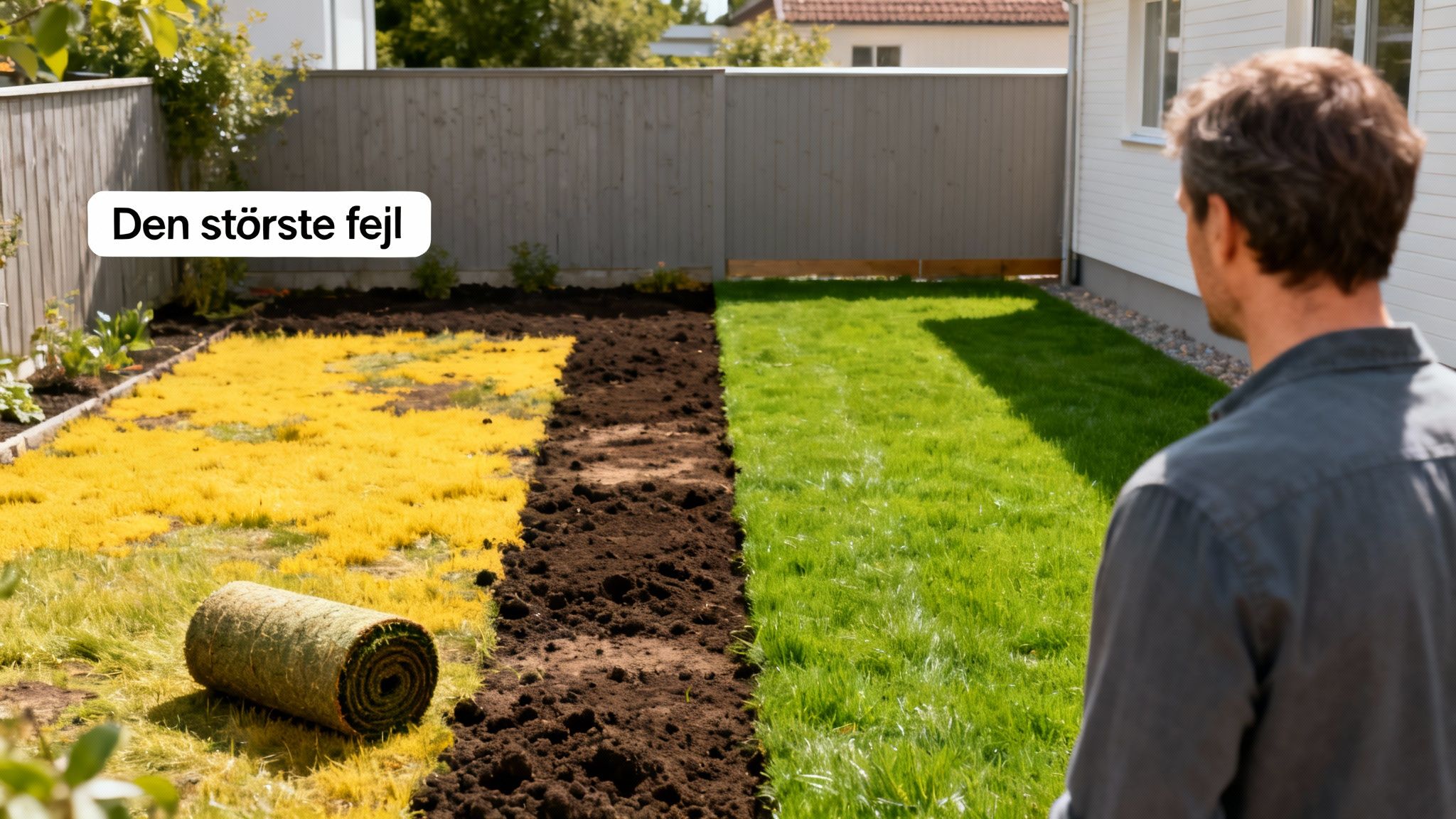 Mand betragter græsplæne under anlæg med grønt, brunt og gult græs. Teksten lyder "Den største fejl".