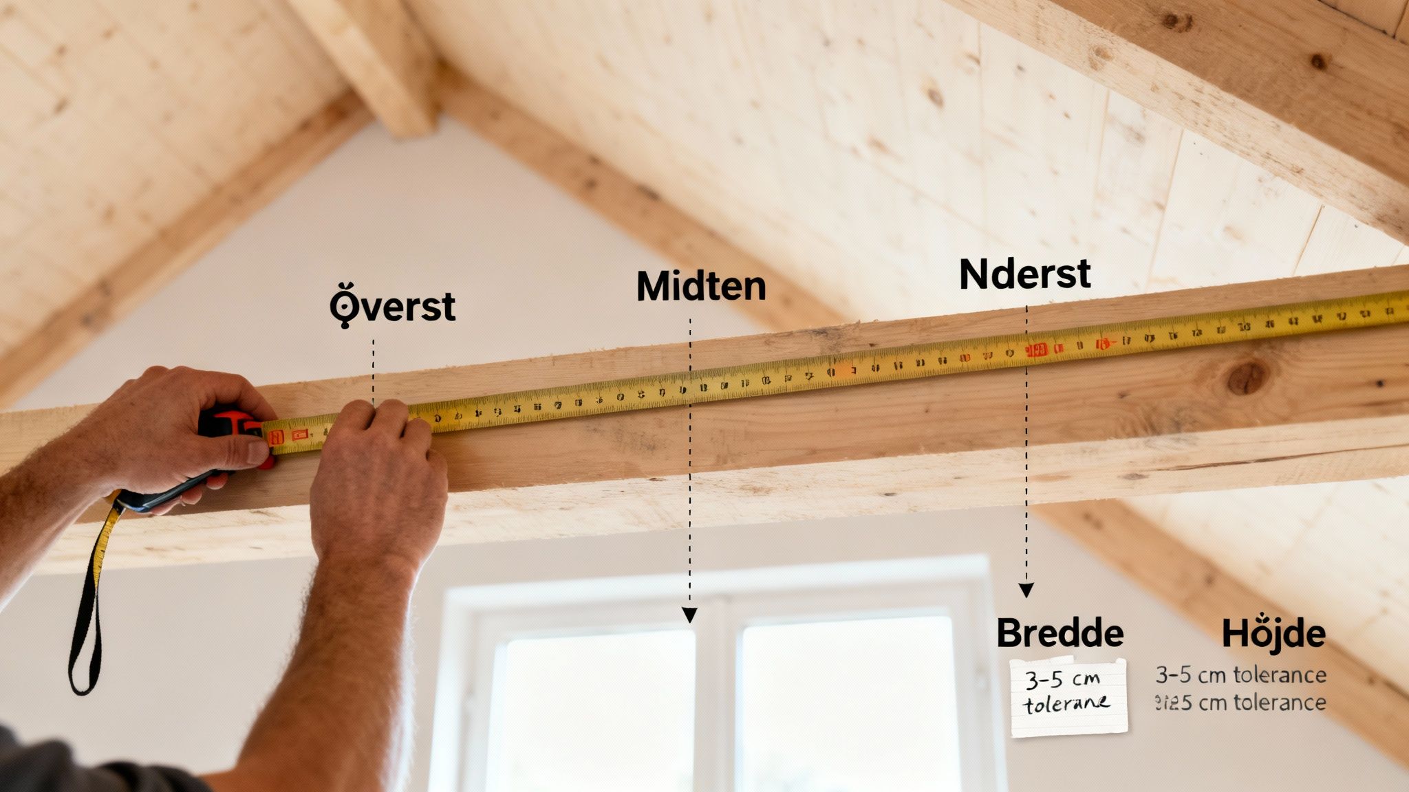 En person måler en træbjælke med et målebånd. Tekst viser målepunkter (Överst, Midten, Nderst) og tolerancer for bredde og højde.