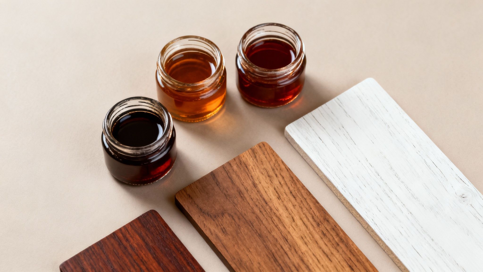 Forskellige træprøver og olier viser muligheder for behandling af trægulve.