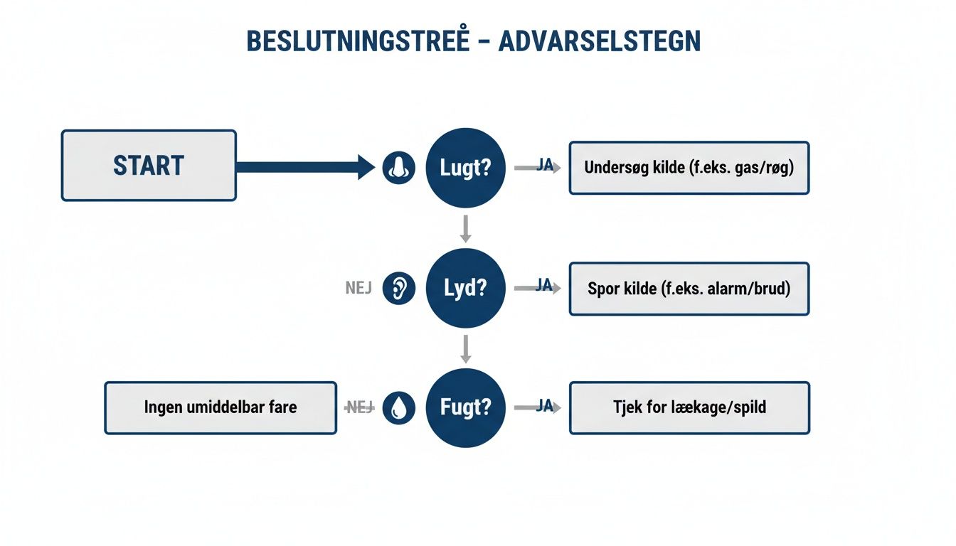 Beslutningstræ for advarselstegn. Guide til at vurdere lugt, lyd, fugt og handling ved potentielle farer.