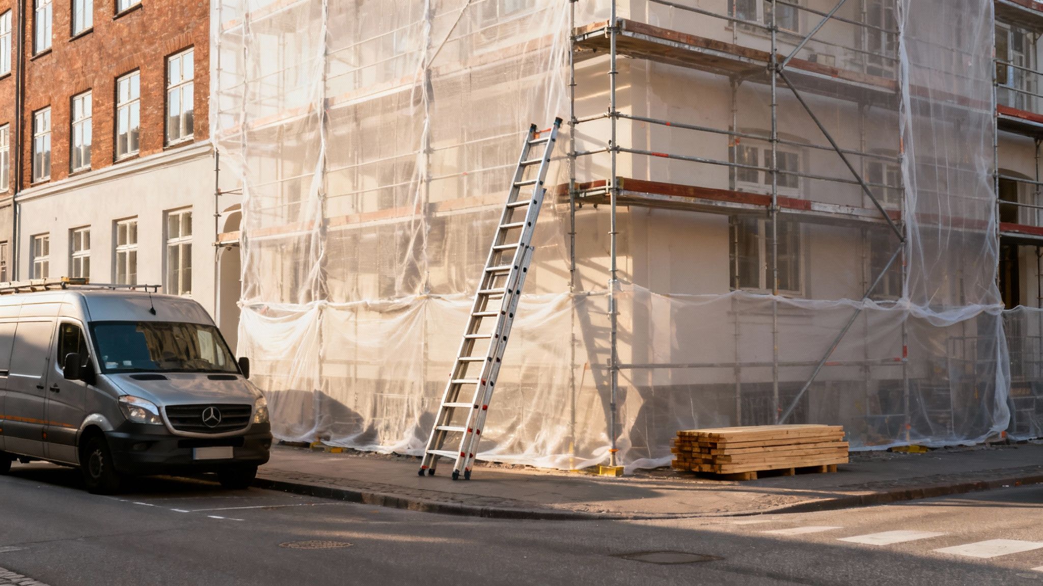 Bygning under facaderenovering med stillads, stige, varevogn og træplanker på en gade i solskin.