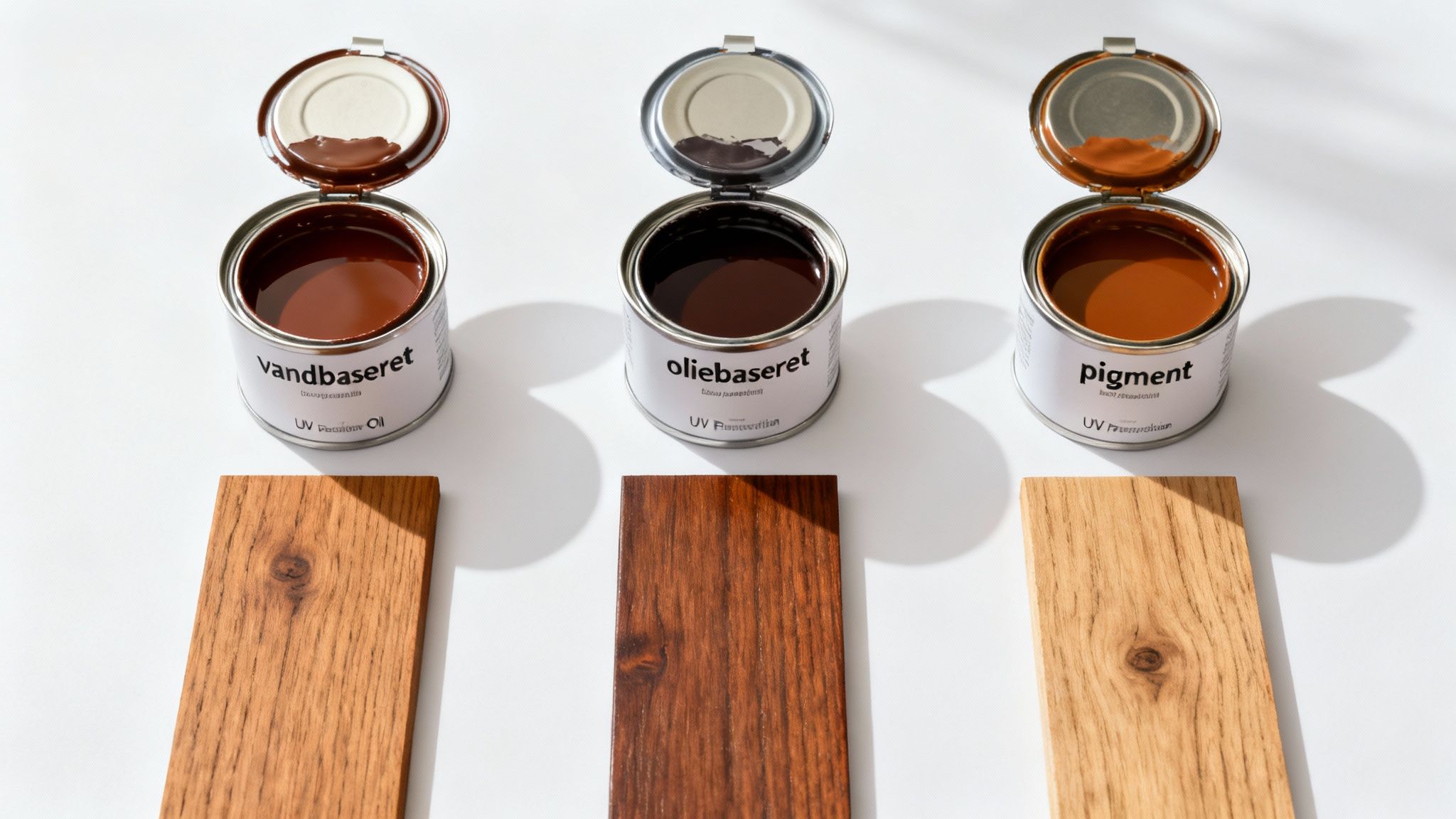 Tre åbne dåser med vandbaseret olie, oliebaseret olie og pigment, samt tre træprøver til behandling.