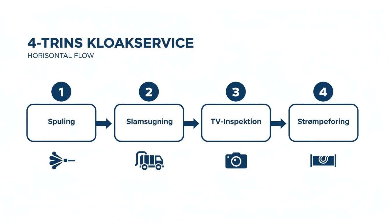 En horisontal procesoversigt over 4-trins kloakservice: Spuling, Slamsugning, TV-Inspektion og Strømpeforing.