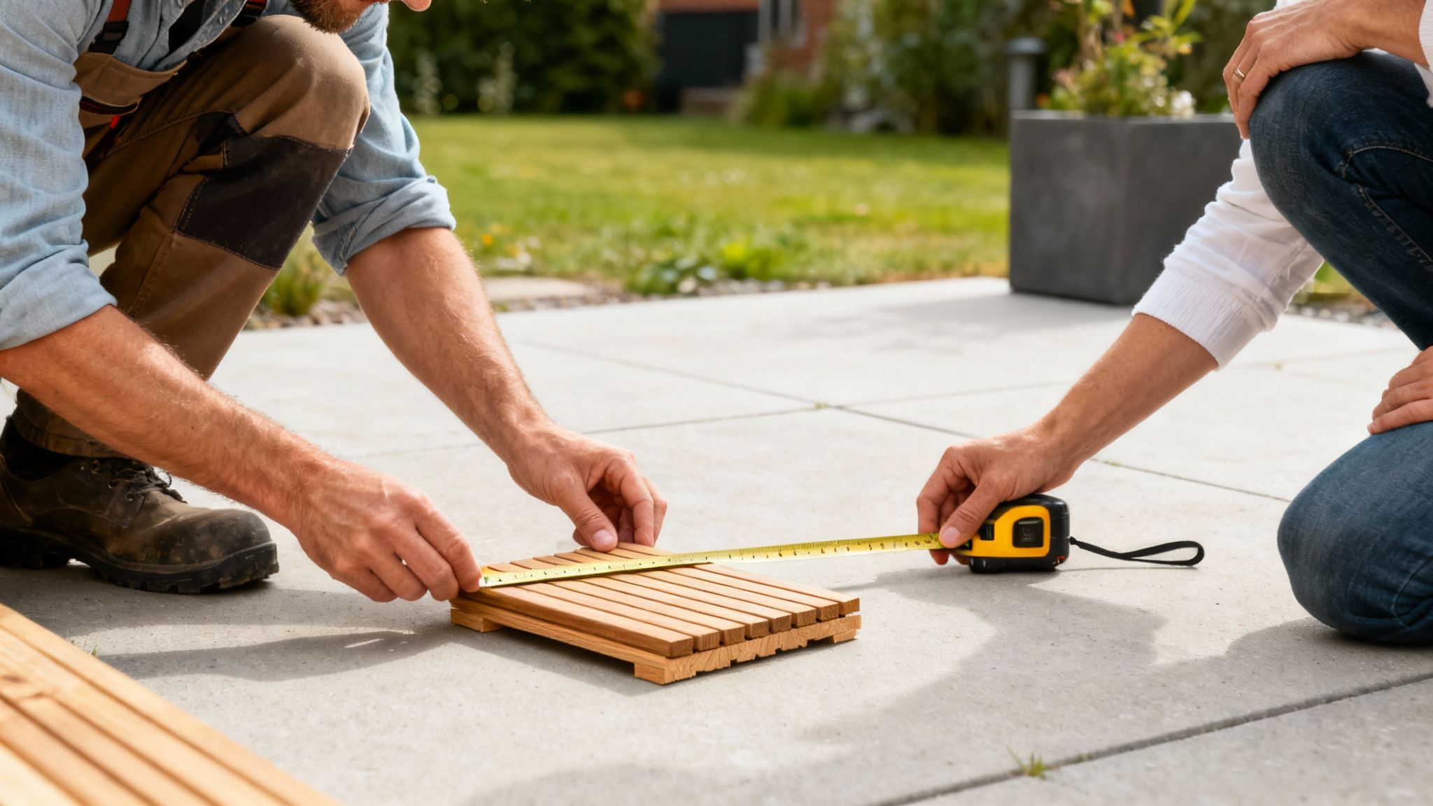 To mænd måler en træterrasseflise med målebånd på en udendørs fliseterrasse under sollys.