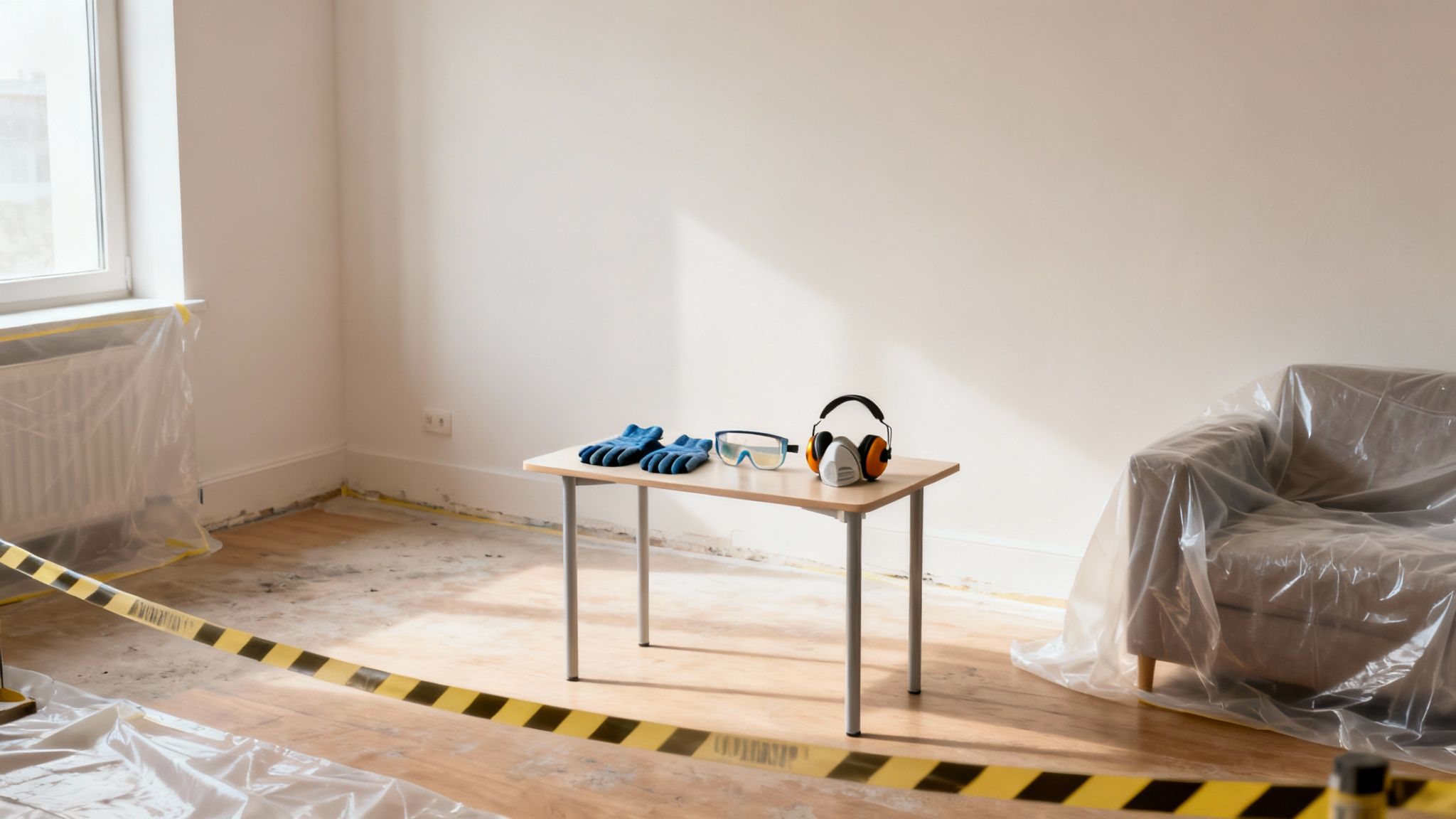Et rum under renovering med sikkerhedsudstyr på et bord, dækkede møbler og advarselstape på gulvet.