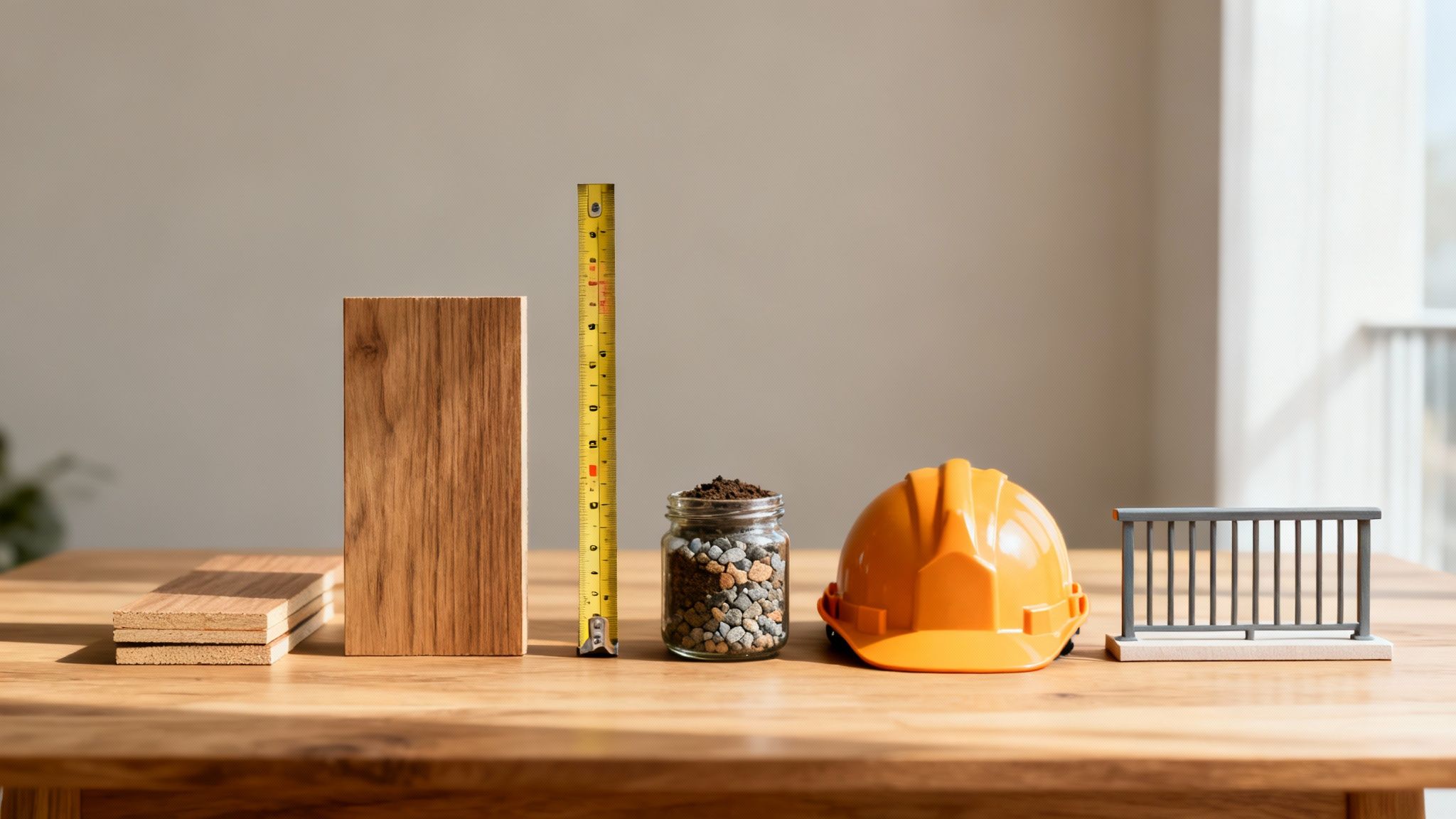 Diverse byggematerialer og værktøj på et træbord, inklusiv træplanker, målebånd, og hjelm.