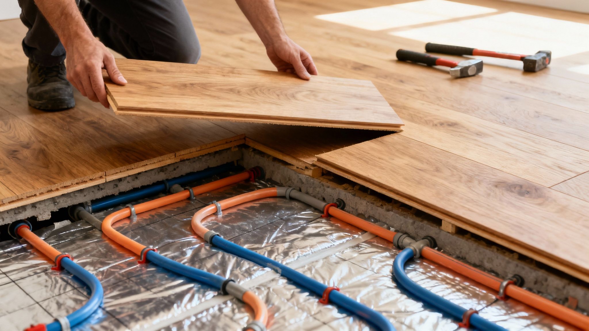 Håndværker lægger plankegulv af træ over gulvvarme med orange og blå rør.