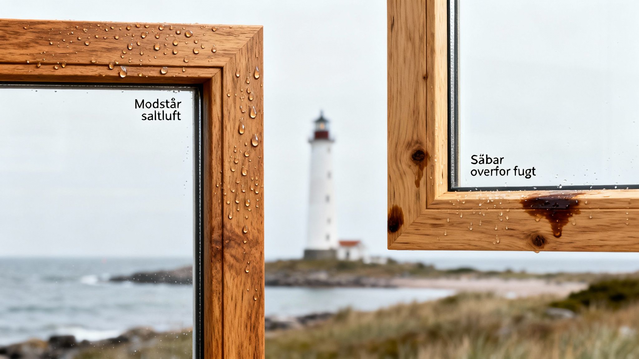 To trærammer viser forskel på modstandsdygtighed overfor saltluft og sårbarhed overfor fugt ved kysten.