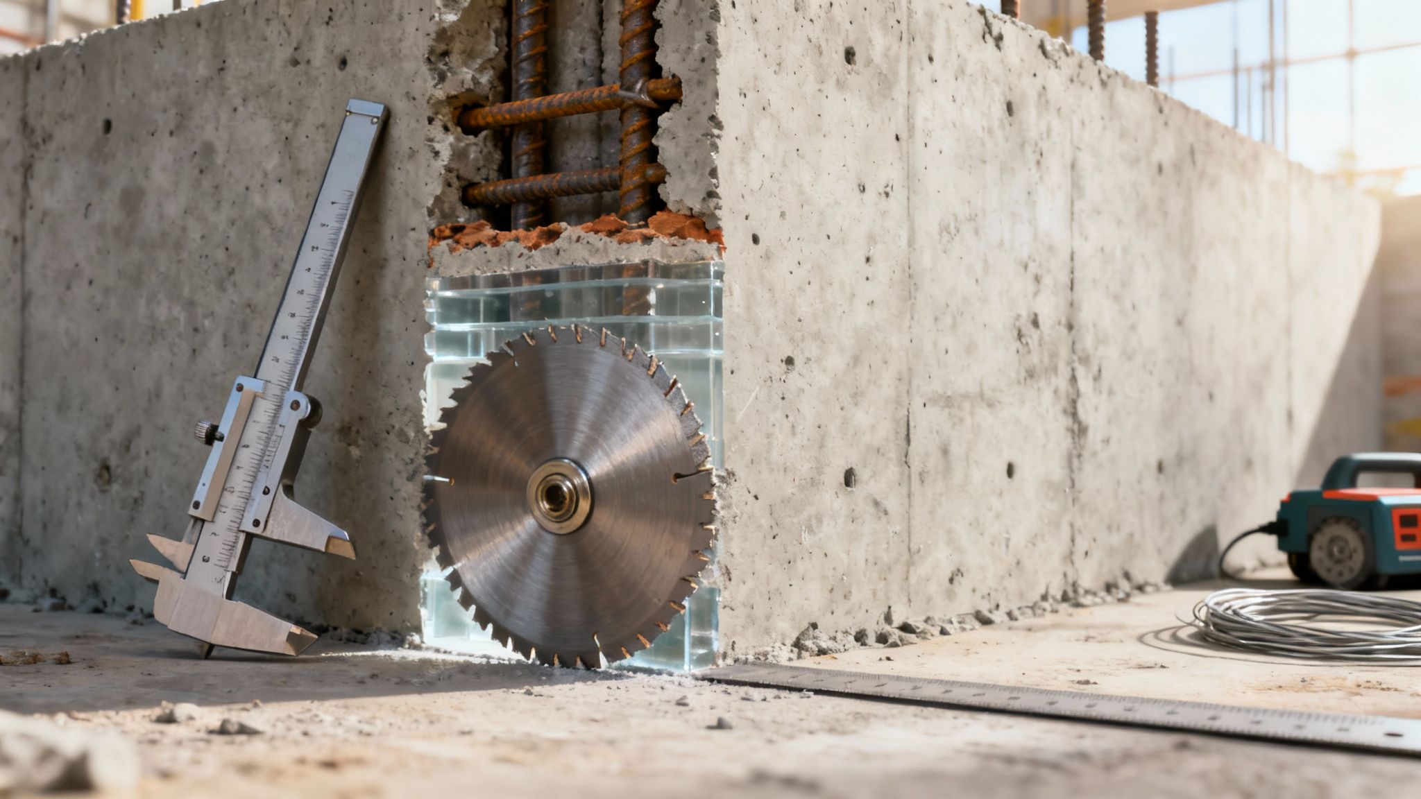 Detaljeret billede af betonstruktur med synlig armering, en skydelære og en savklinge, der illustrerer præcisionsarbejde.