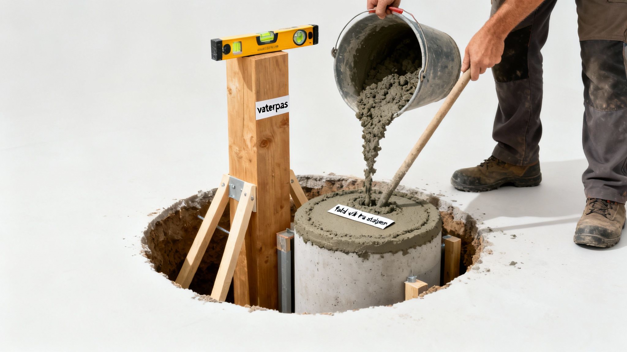 En hånd hælder beton i et hul for at støbe en stolpe. Et vaterpas ses på en trækonstruktion.