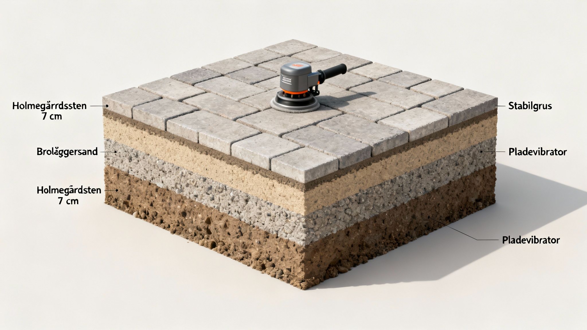 Detaljeret illustration af belægningslag med Holmegårdssten, brolæggersand og stabilgrus, vist med en pladevibrator for komprimering.