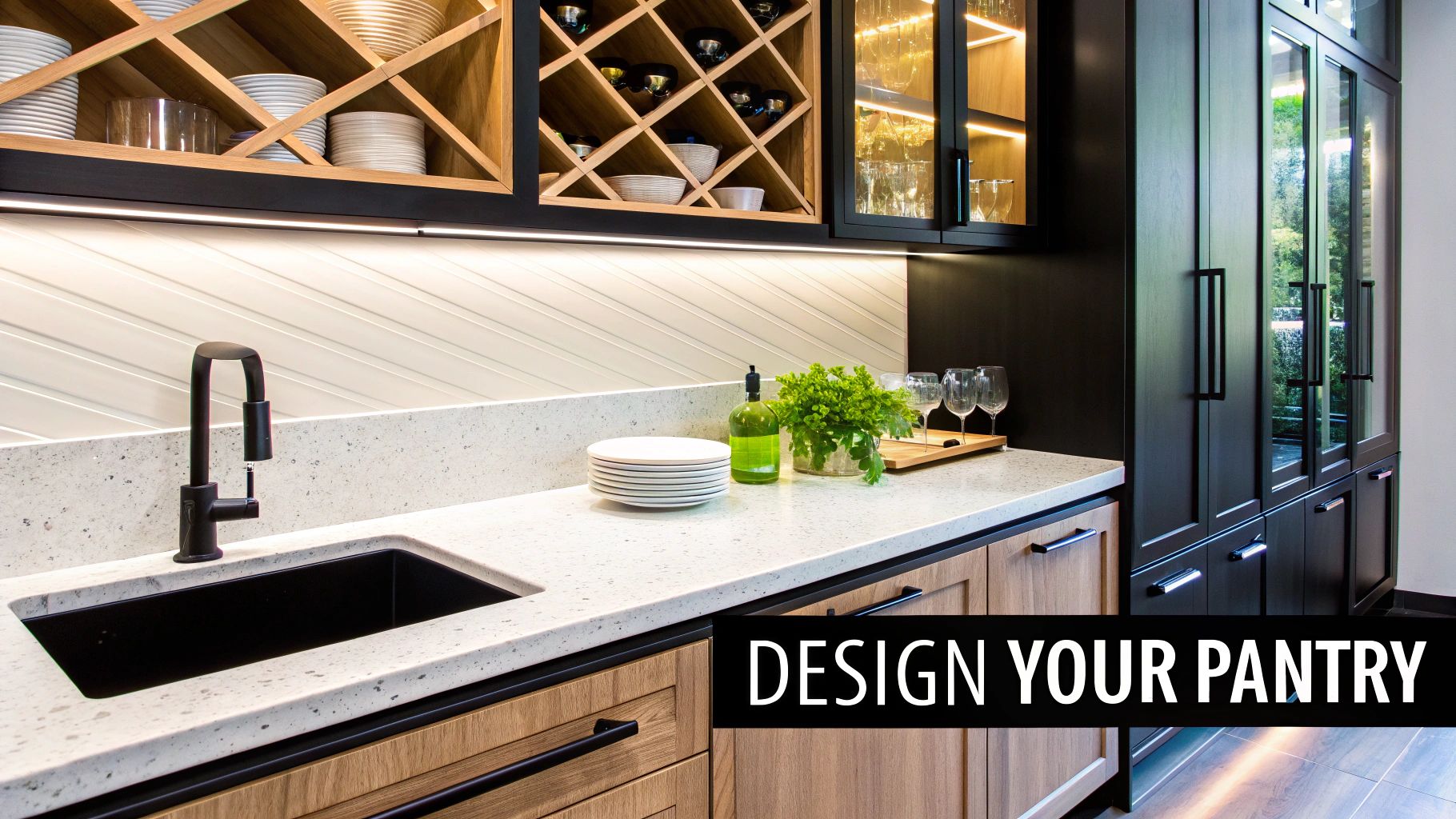 A beautifully designed butler pantry with light green cabinetry, wooden shelves, and elegant lighting.