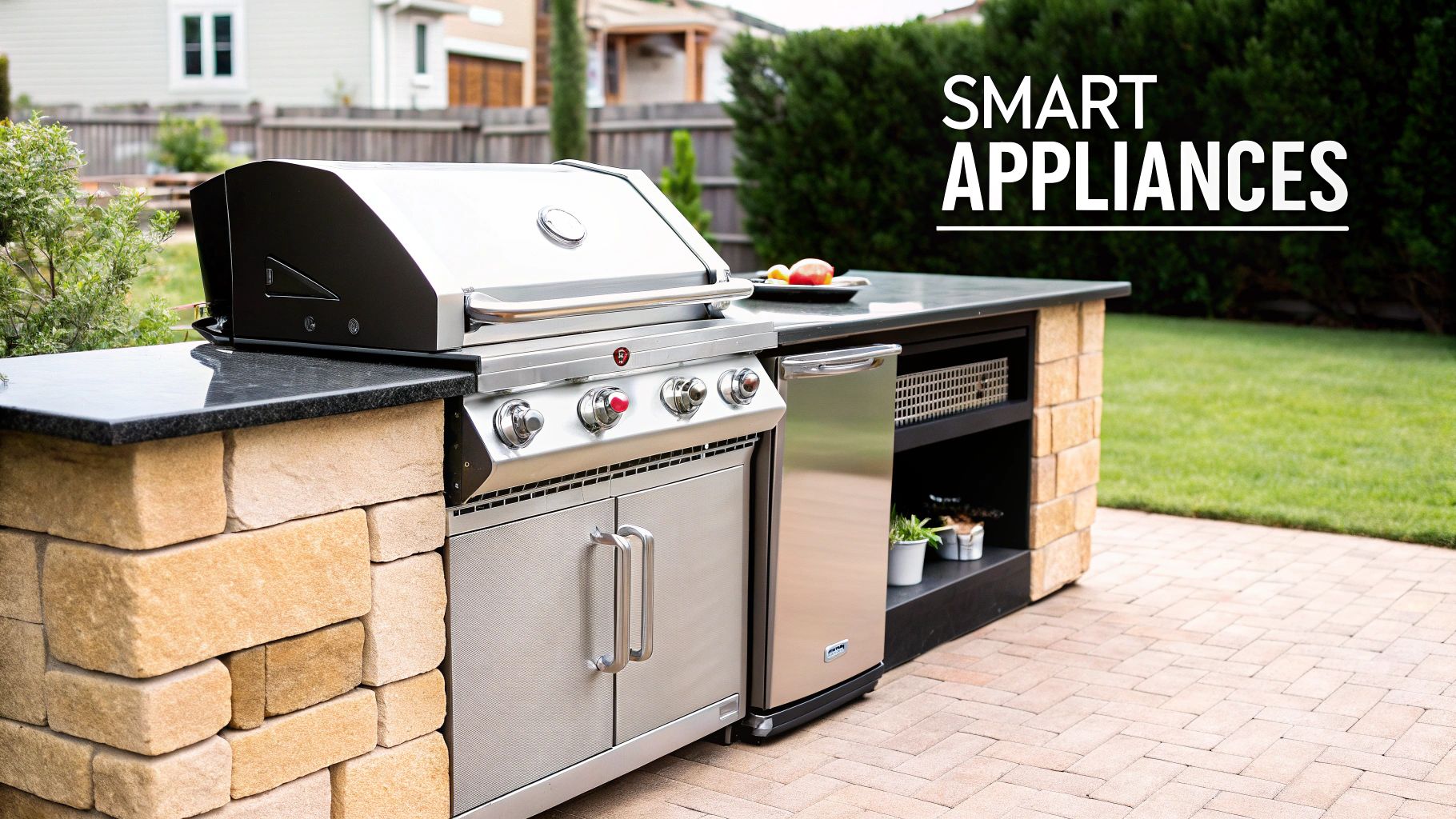 Modern outdoor kitchen featuring a stainless steel grill, built-in smart appliances, stone base, and black granite countertop on a paved patio.