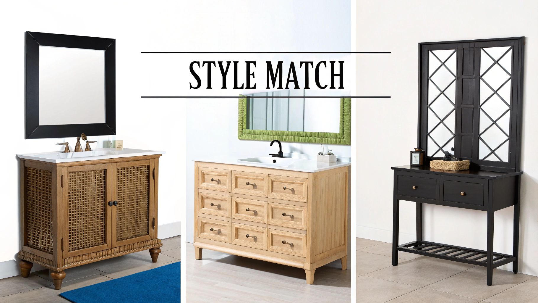 Three distinct bathroom vanities and mirrors showcasing different design styles for interior decor.