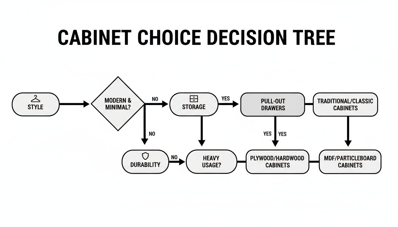 A cabinet choice decision tree flowchart guiding selection based on style, storage, durability, and usage.