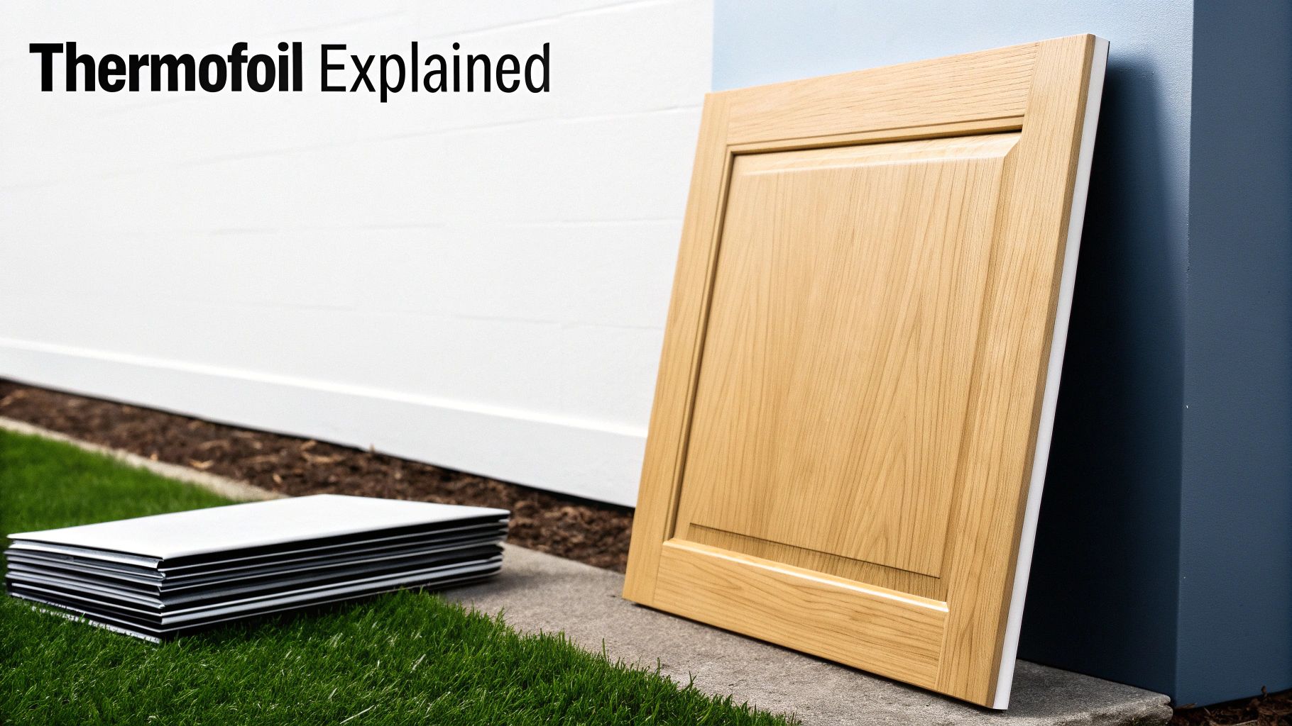 Light wood-grain thermofoil cabinet door leaning, with stacked panels, illustrating thermofoil explained.