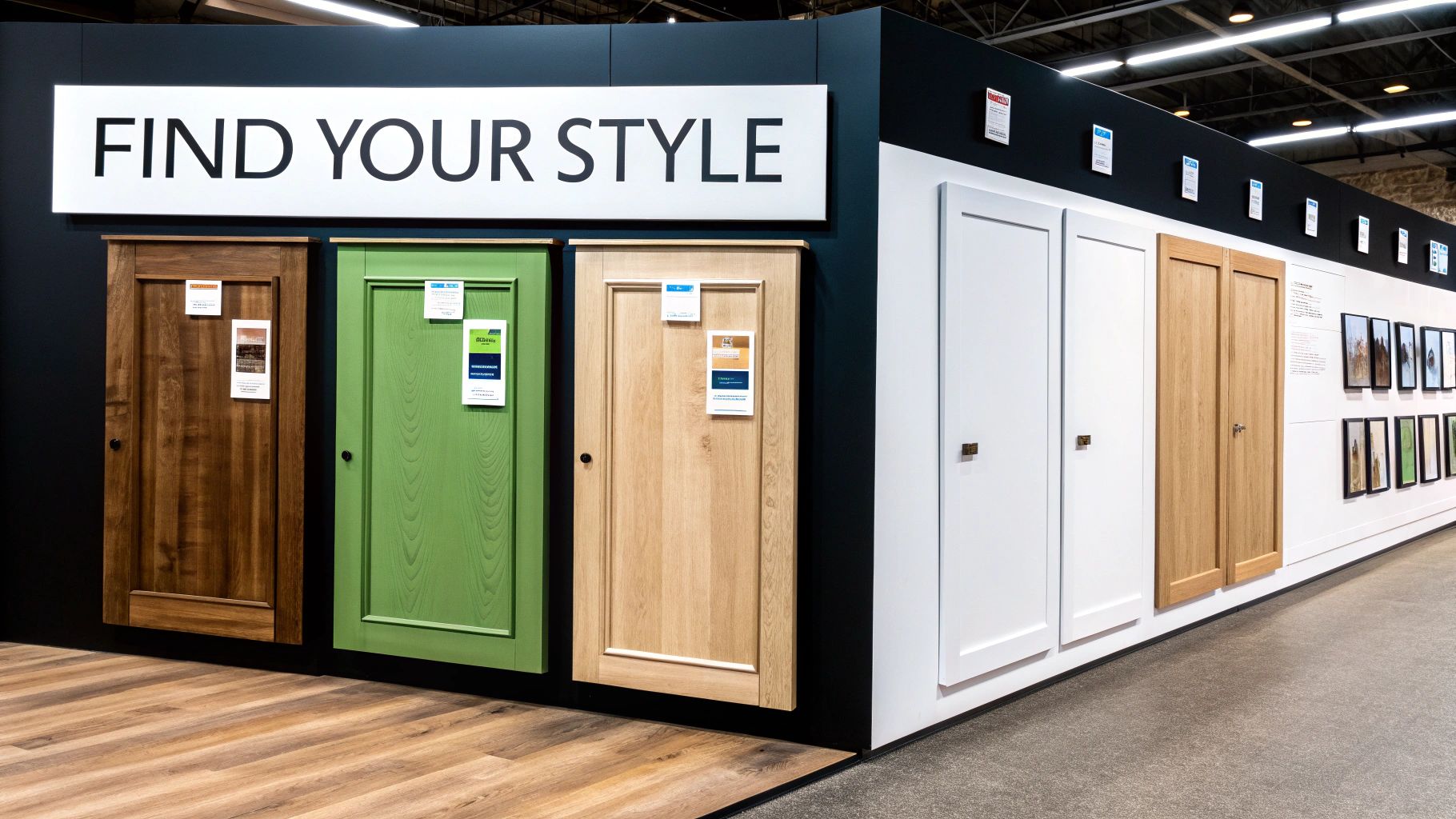 A showroom display showcasing various kitchen and interior door styles in different colors and wood finishes.