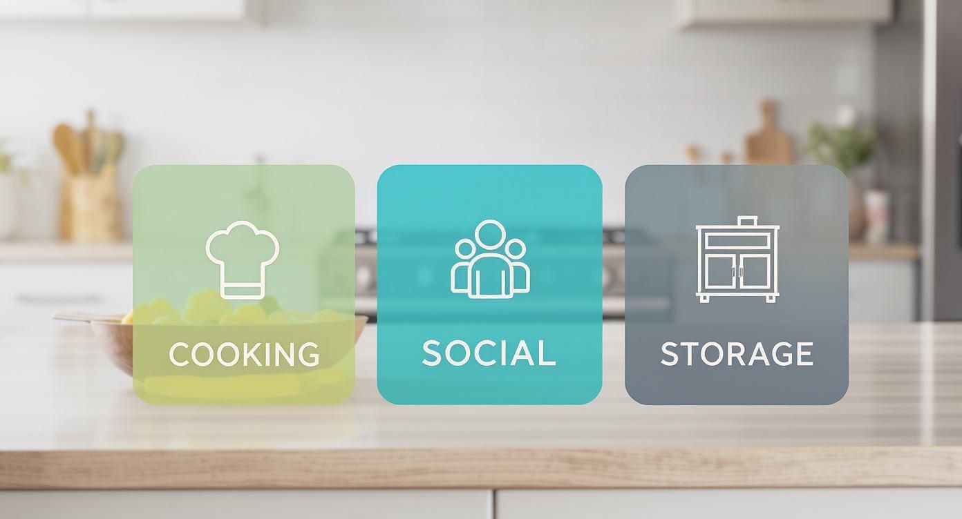 Three kitchen-related icons: cooking, social, and storage, against a modern kitchen backdrop.