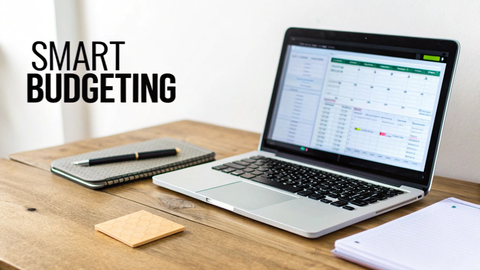 Laptop displaying budgeting spreadsheet on wooden desk with notebook and pen for financial planning