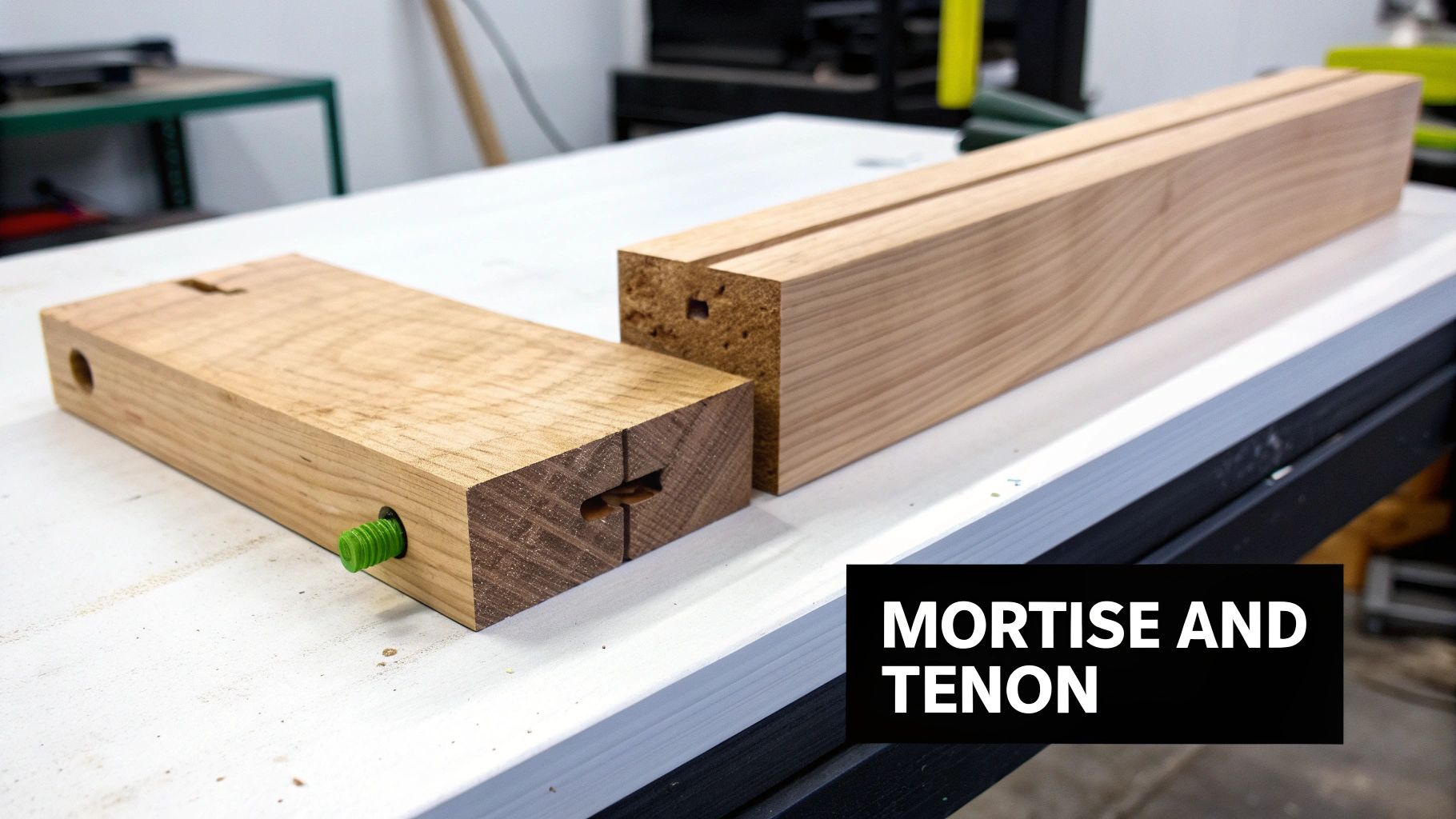 Mortise and tenon woodworking joint displayed on a workbench with a green bolt, ready for assembly.