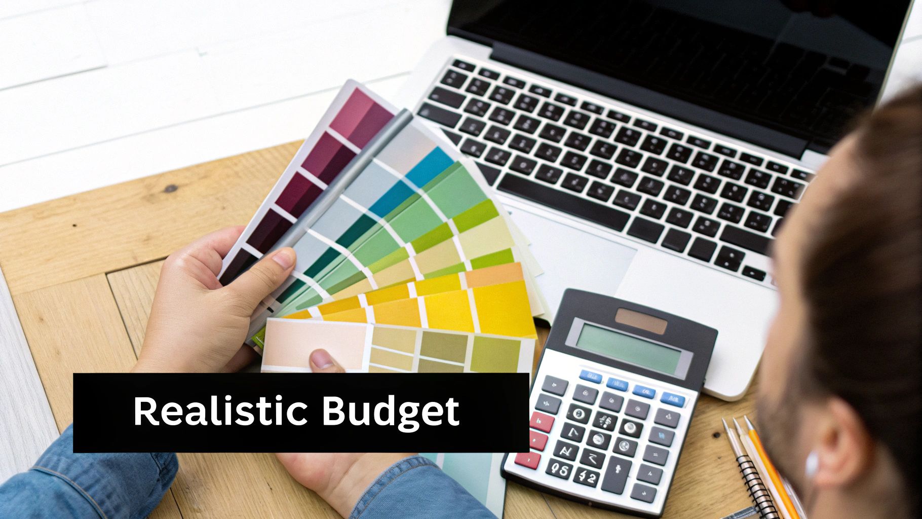 A person working on a renovation budget at a desk with a laptop, calculator, and material samples.