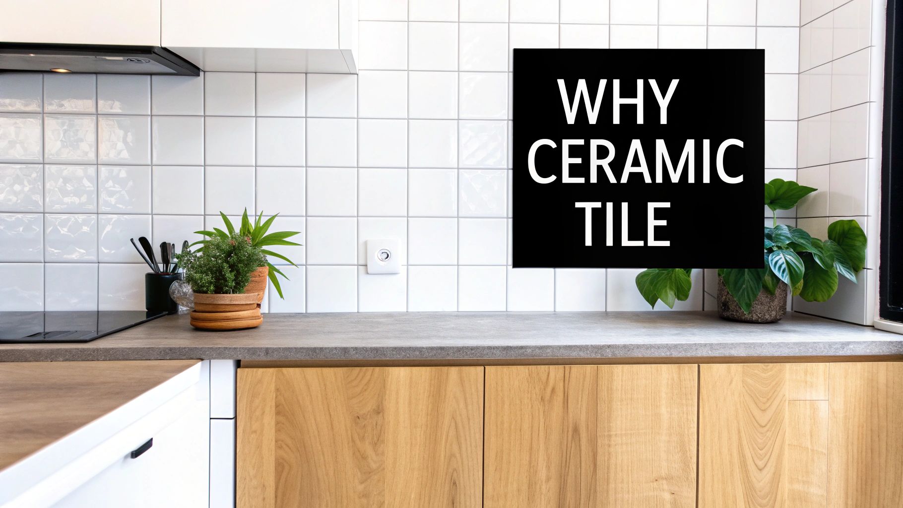Modern kitchen with white ceramic tile backsplash, wooden cabinets, and green plants on the countertop.