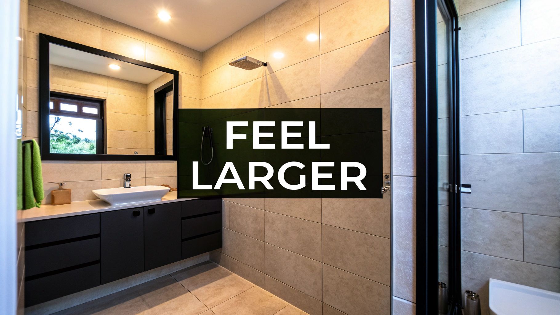Modern bathroom with beige tiles, black vanity, vessel sink, and walk-in shower