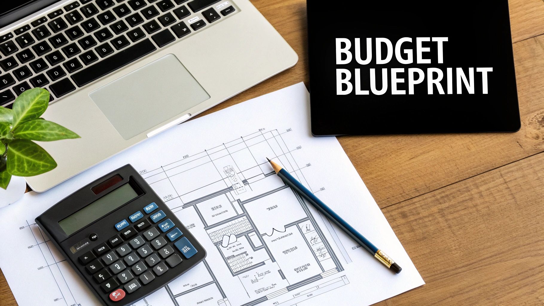 Blueprint of a home renovation plan with tools and a coffee cup on a wooden table.
