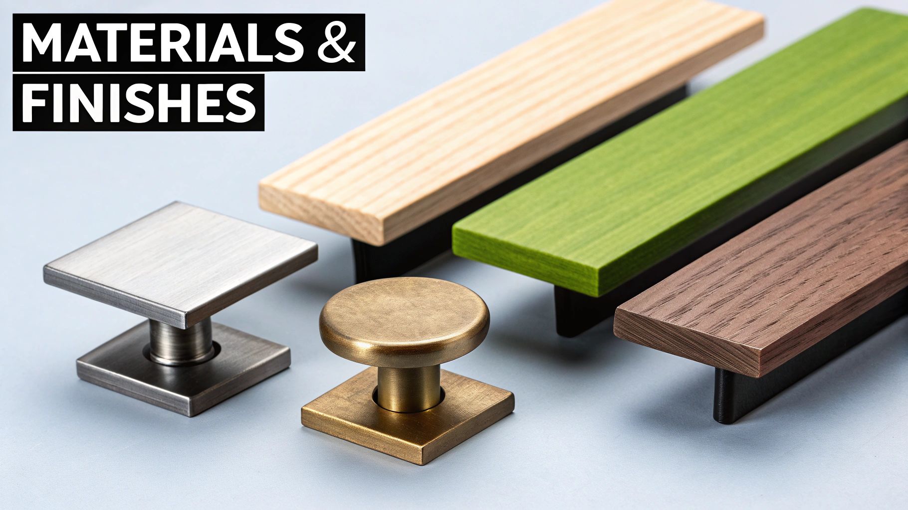 A collection of cabinet pulls and knobs showcasing various materials and finishes like wood and metal.