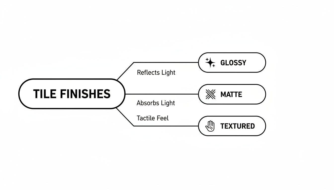 A mind map visually explains different tile finishes: glossy, matte, and textured, detailing their properties.