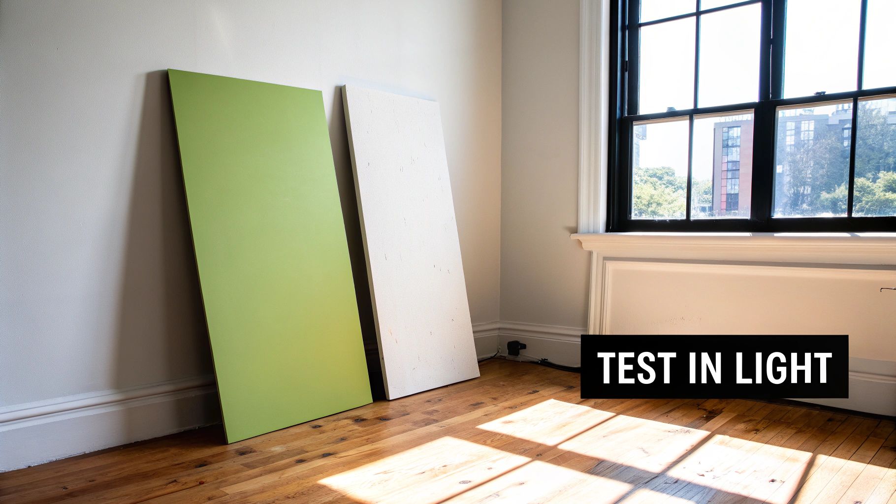 Two large boards, one green and one white, lean against a wall in a sunlit room, with 'TEST IN LIGHT' overlay.