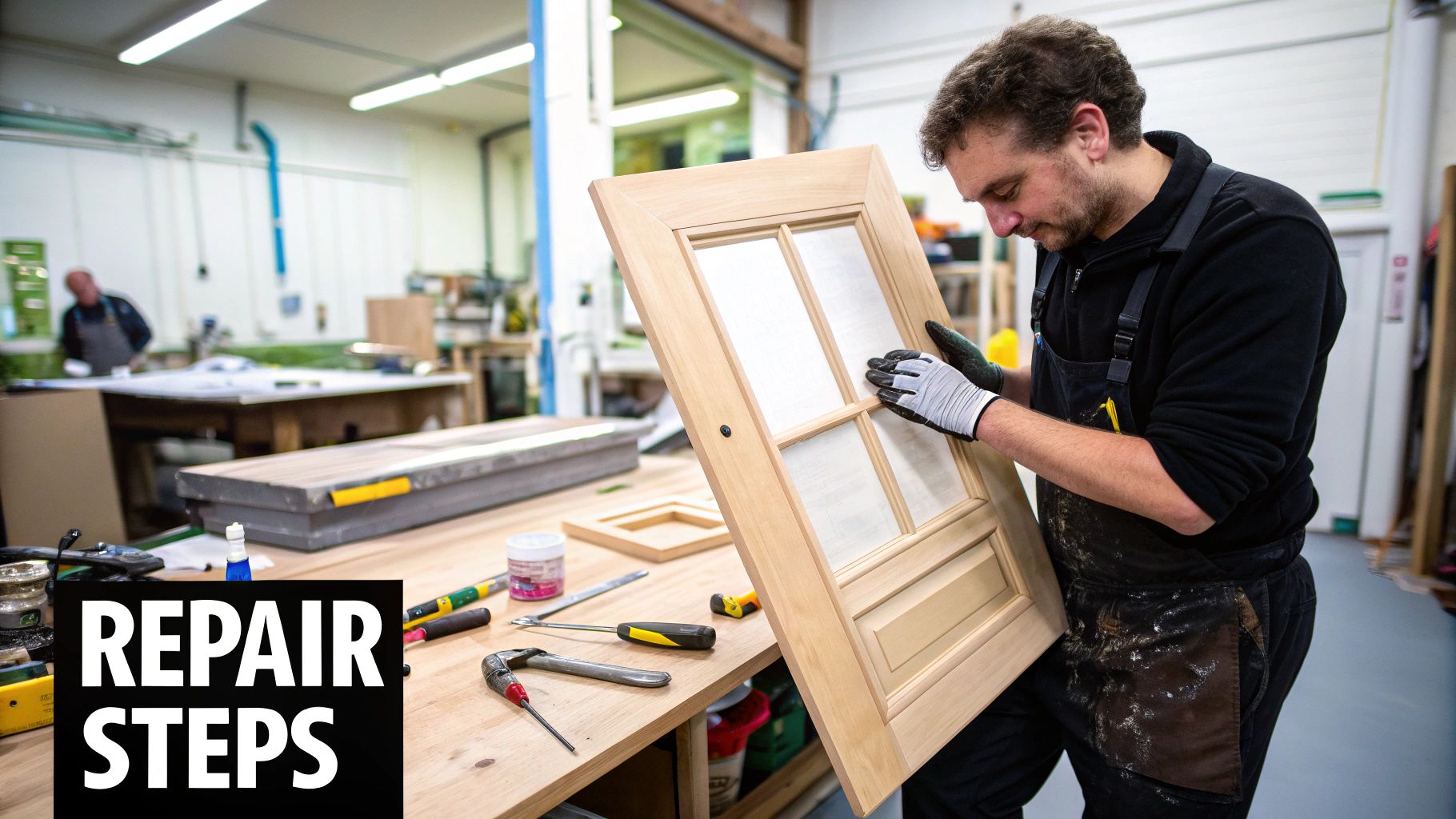 Image of warped cabinet door being repaired