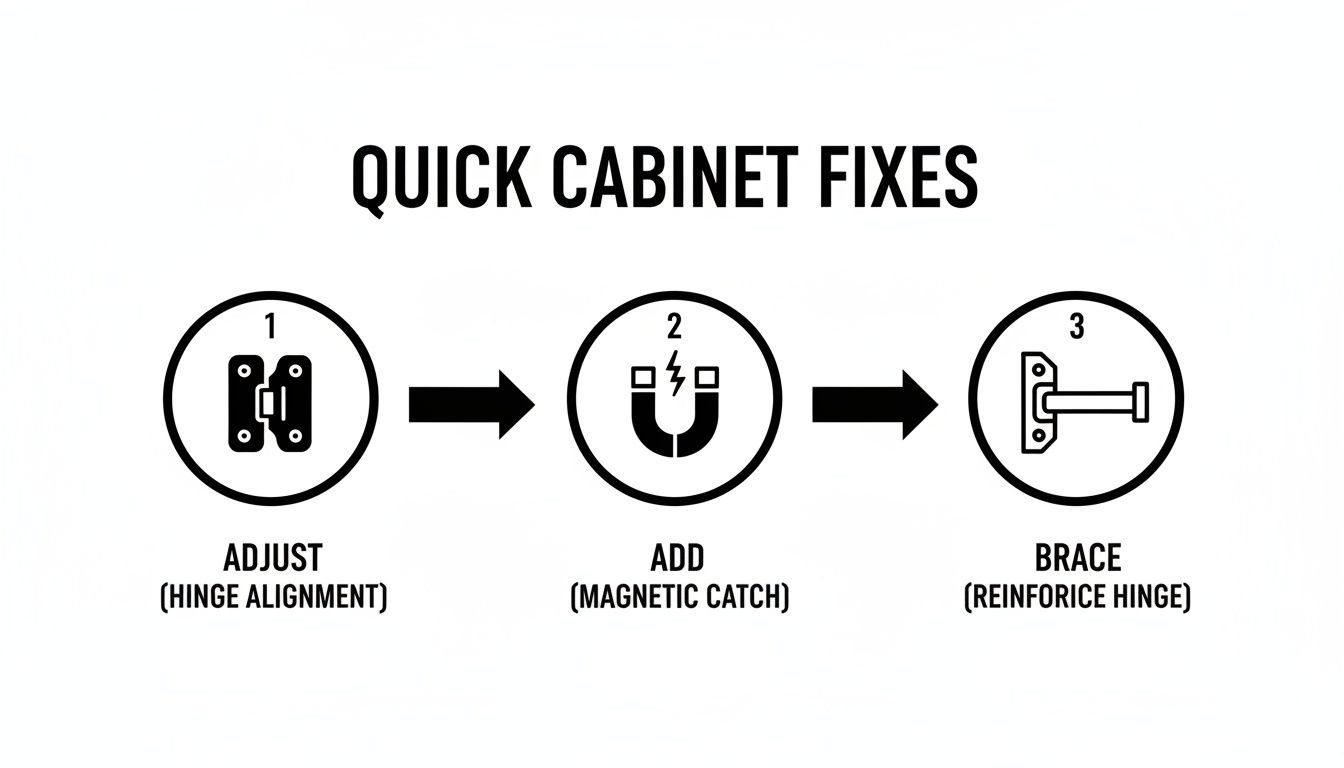Visual guide showing three quick cabinet fixes: adjust hinge alignment, add magnetic catch, and reinforce hinges.