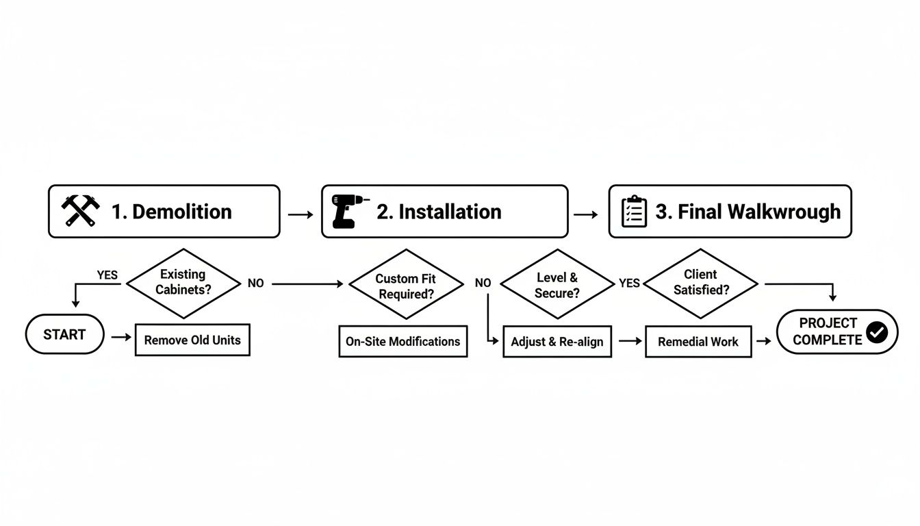 A clear flowchart illustrating the step-by-step process of cabinet remodeling, from demolition to project completion.