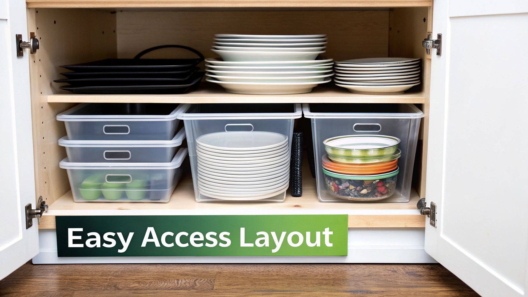 A person placing labeled, clear containers into a deep kitchen cabinet, demonstrating organized layout.