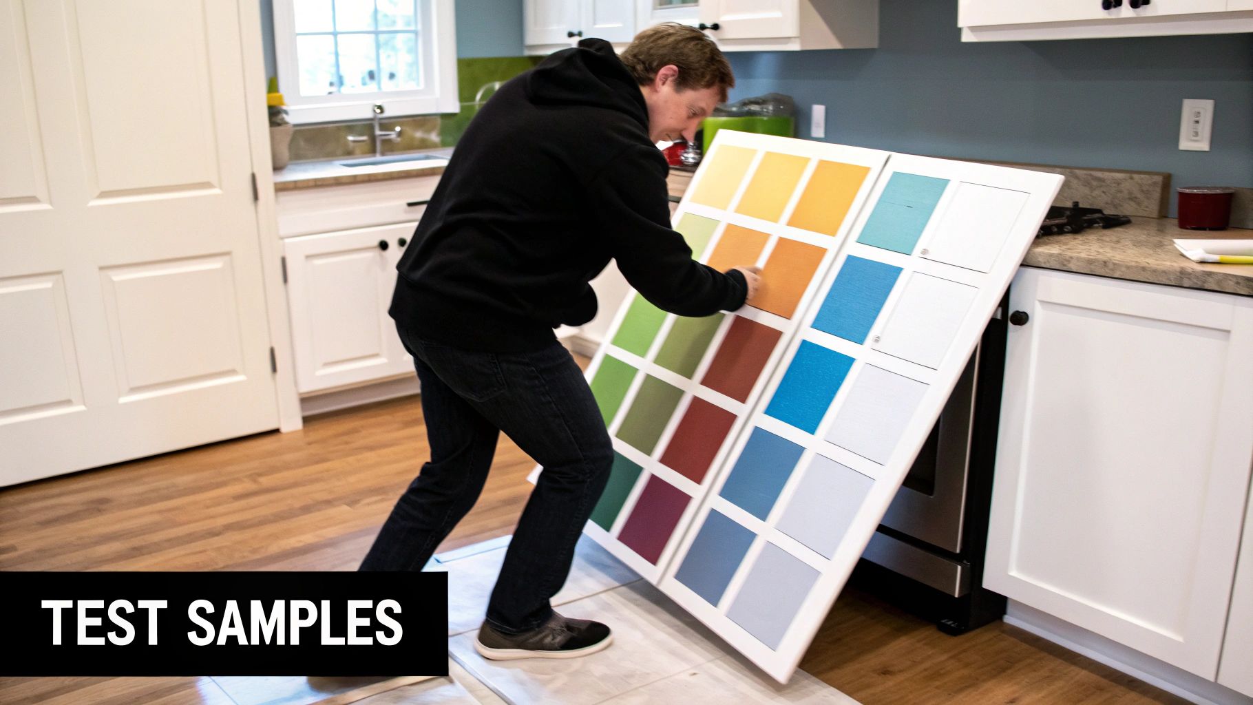A man in a modern kitchen inspects a large display board of various paint color samples.