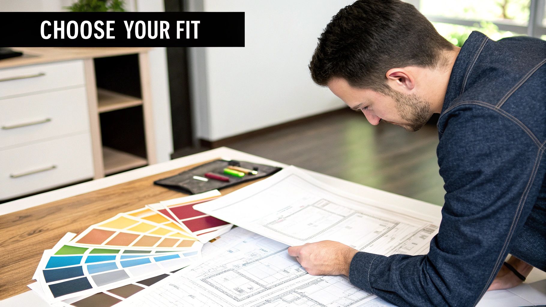A homeowner thoughtfully looking at kitchen cabinet samples and blueprints in a bright, modern kitchen.
