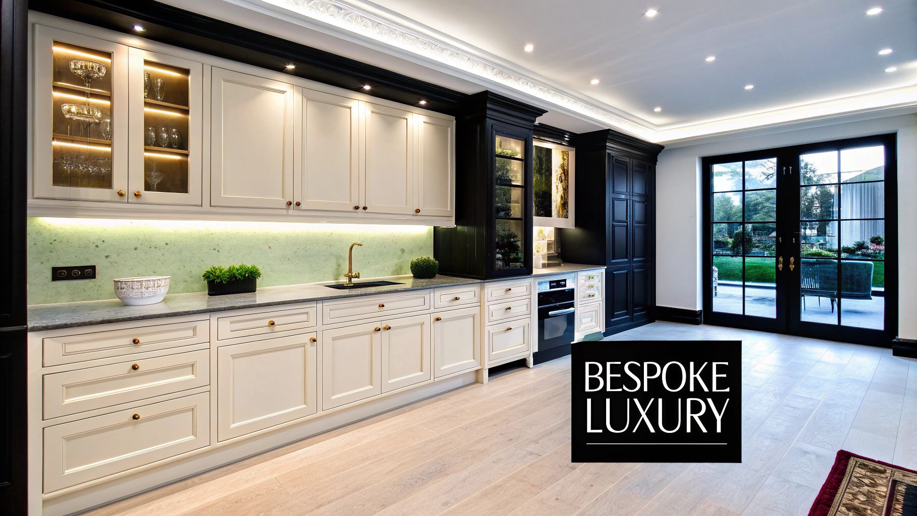 A luxurious kitchen with cream cabinets, black accents, a green backsplash, and glass doors opening to a garden.