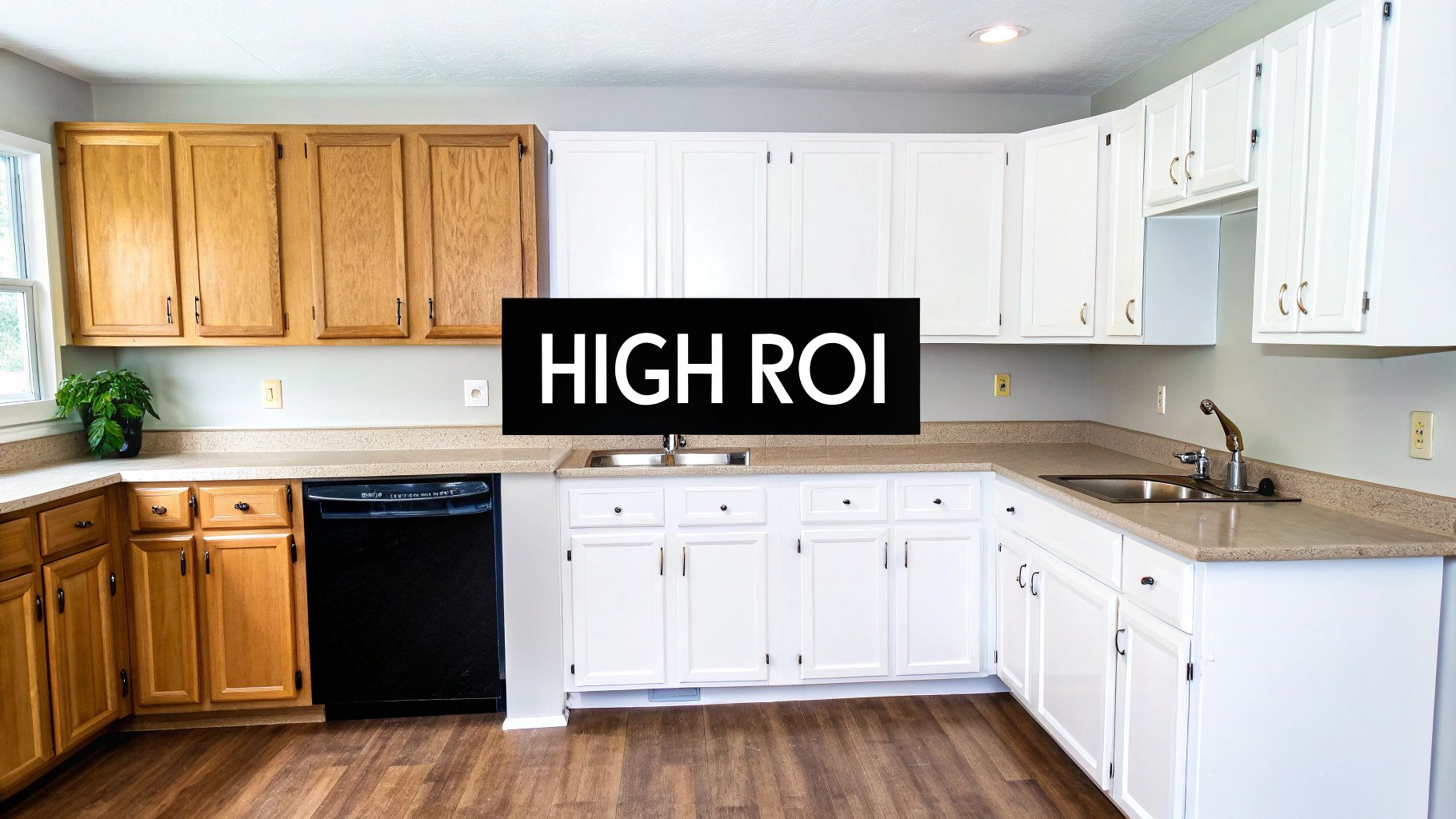 Woman smiling while looking at newly refaced kitchen cabinets.