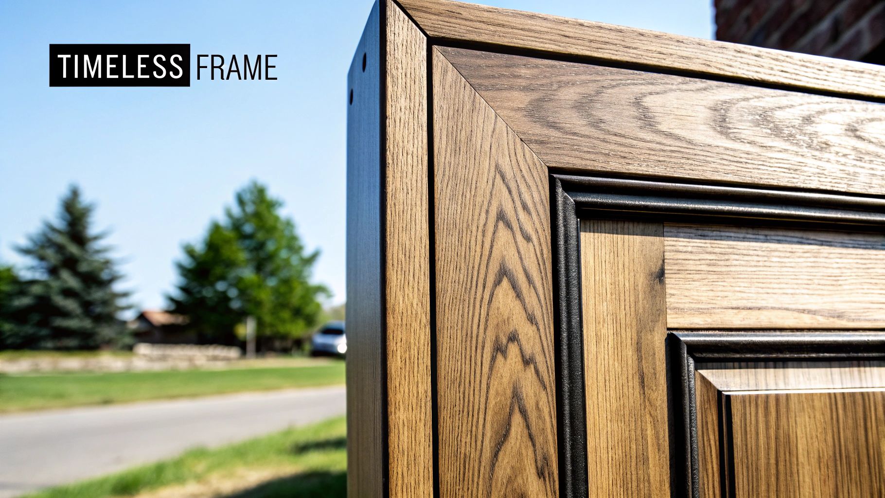 Close-up of a natural wood frame with intricate grain and dark decorative trim outdoors.