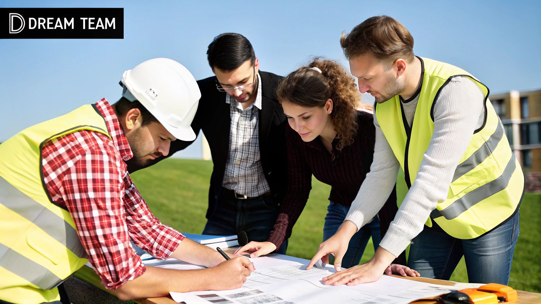 A team of construction professionals, including an architect and contractor, reviewing blueprints on a job site.