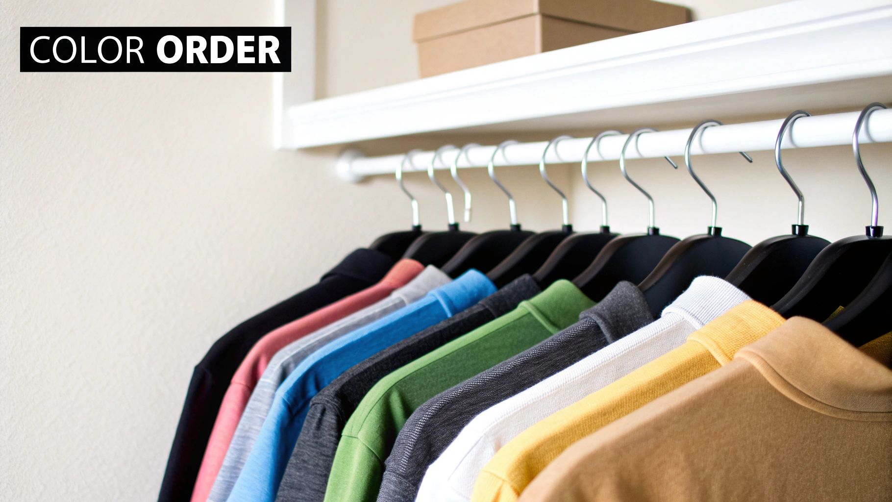 Organized closet rod displaying colorful garments arranged by color from dark to light tones