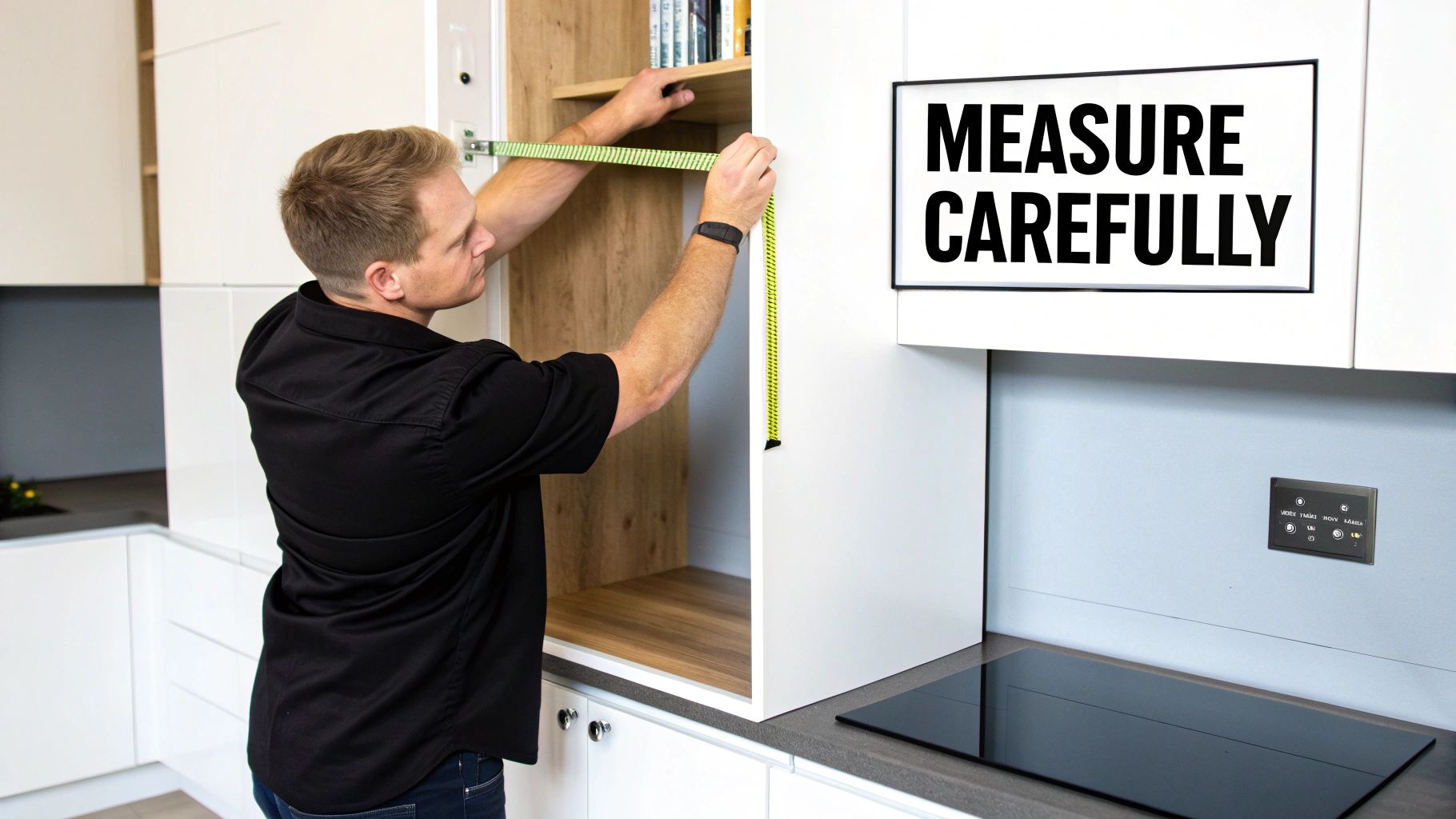A man in a black shirt carefully measures the interior of a white and wood kitchen cabinet.