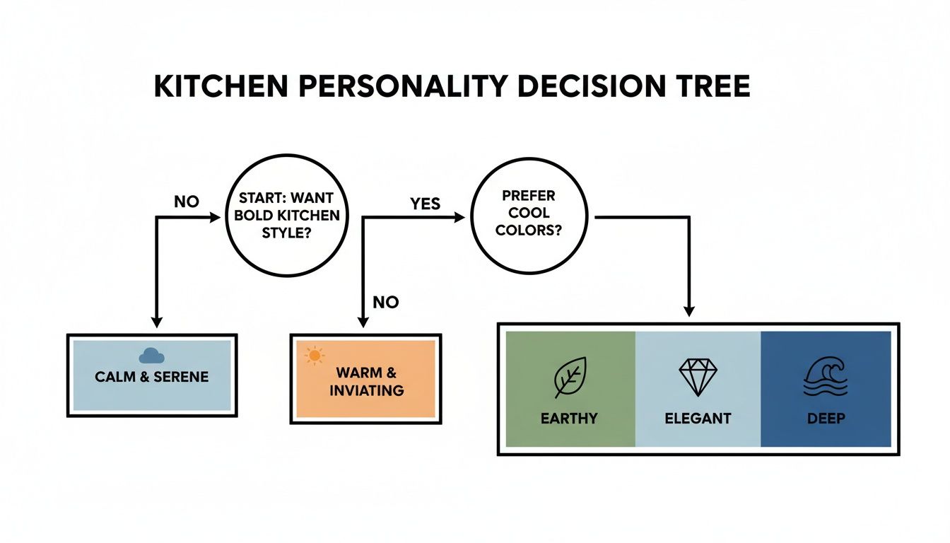 Decision tree for kitchen personality styles, guiding choices between calm, warm, earthy, elegant, or deep aesthetics.