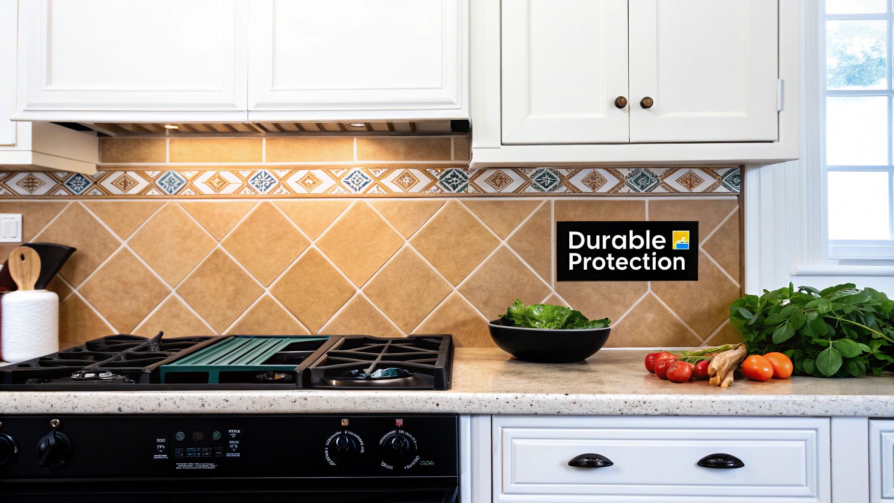 A kitchen features a diamond-patterned tan ceramic tile backsplash, white cabinets, and a gas stove.