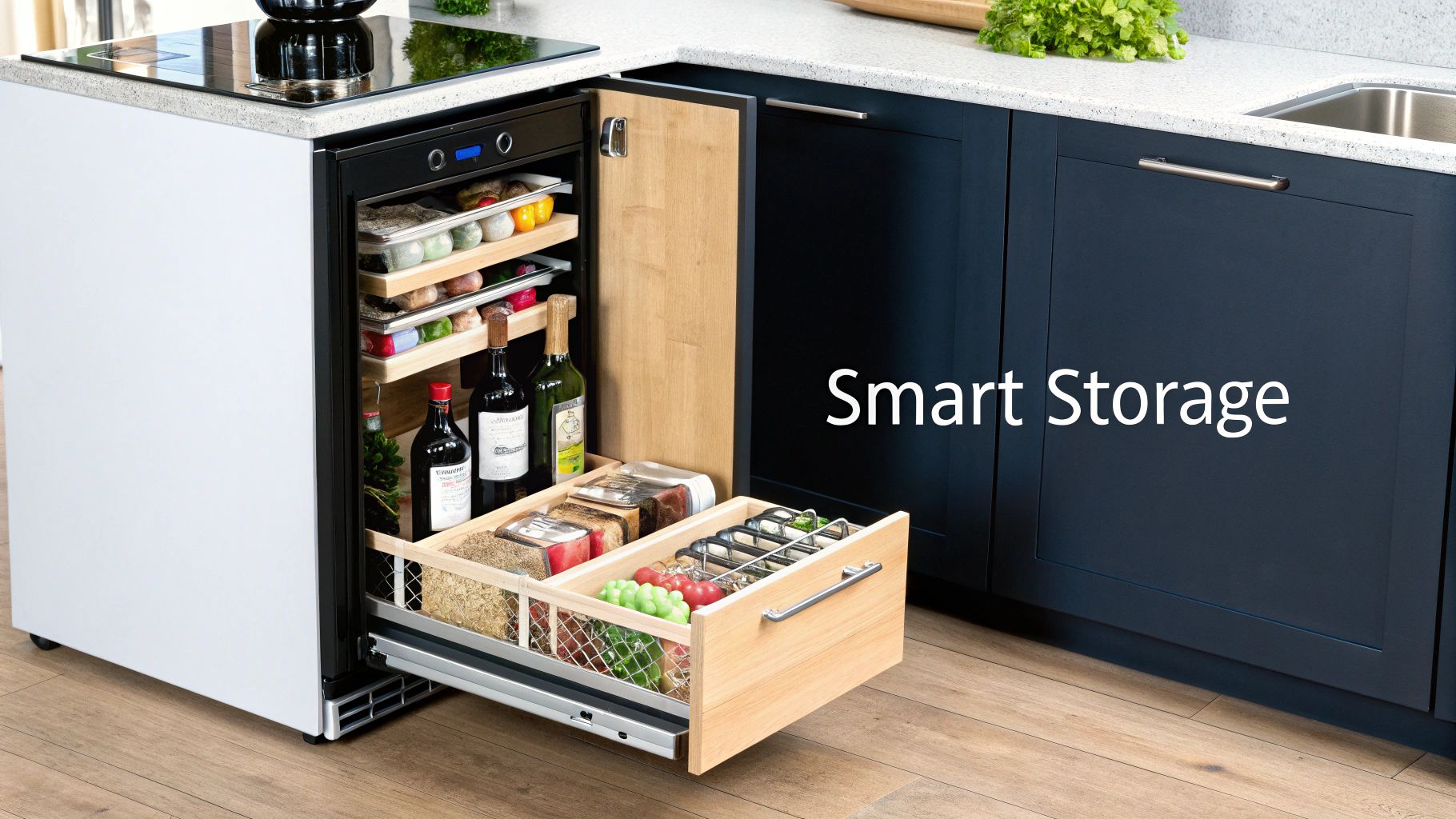 A custom kitchen island with integrated storage solutions, showing pull-out drawers and organized spaces.