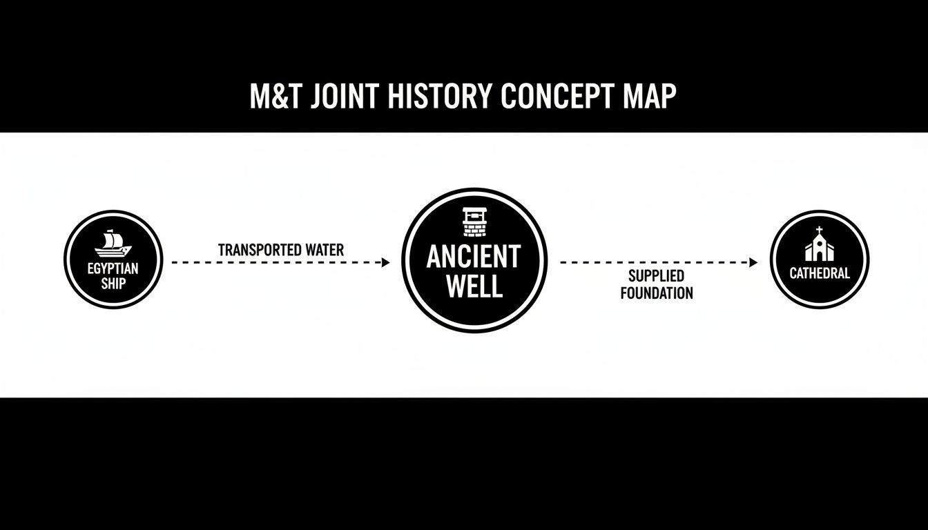 A concept map illustrates the M&T joint history, connecting Egyptian ships, ancient wells, and cathedrals.