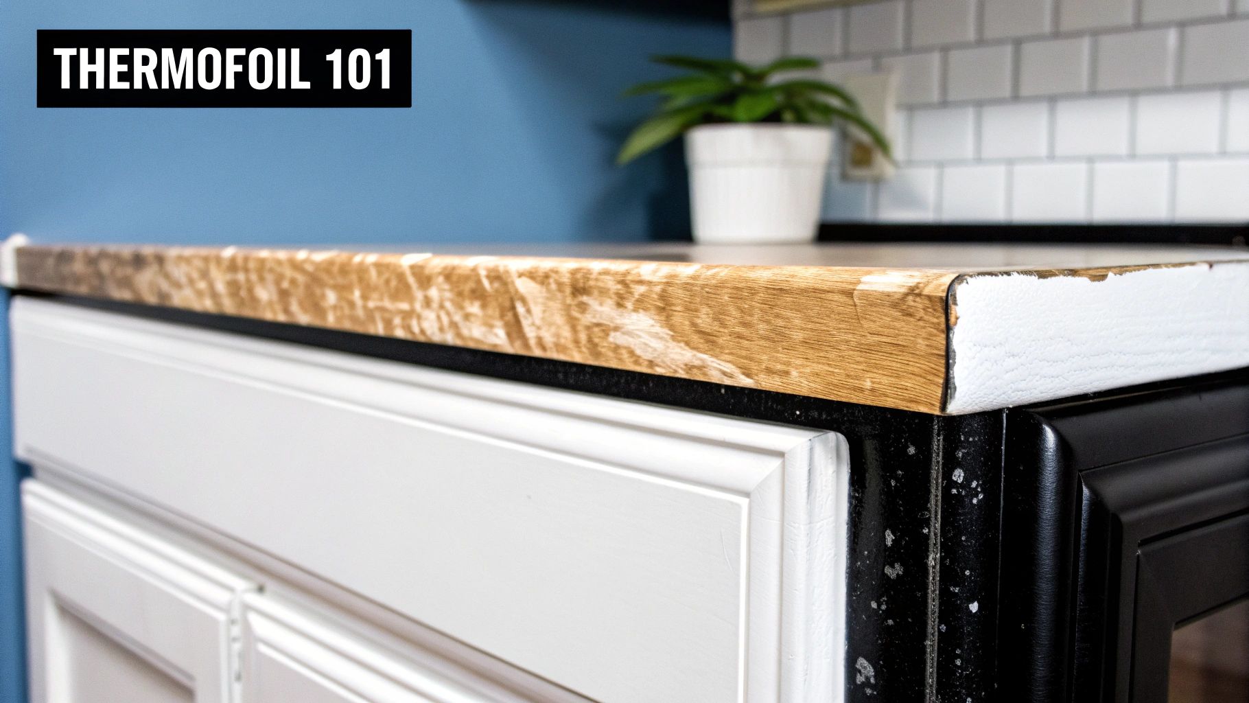 Close-up of a kitchen countertop with damaged thermofoil, white cabinets, and 'THERMOFOIL 101' text.