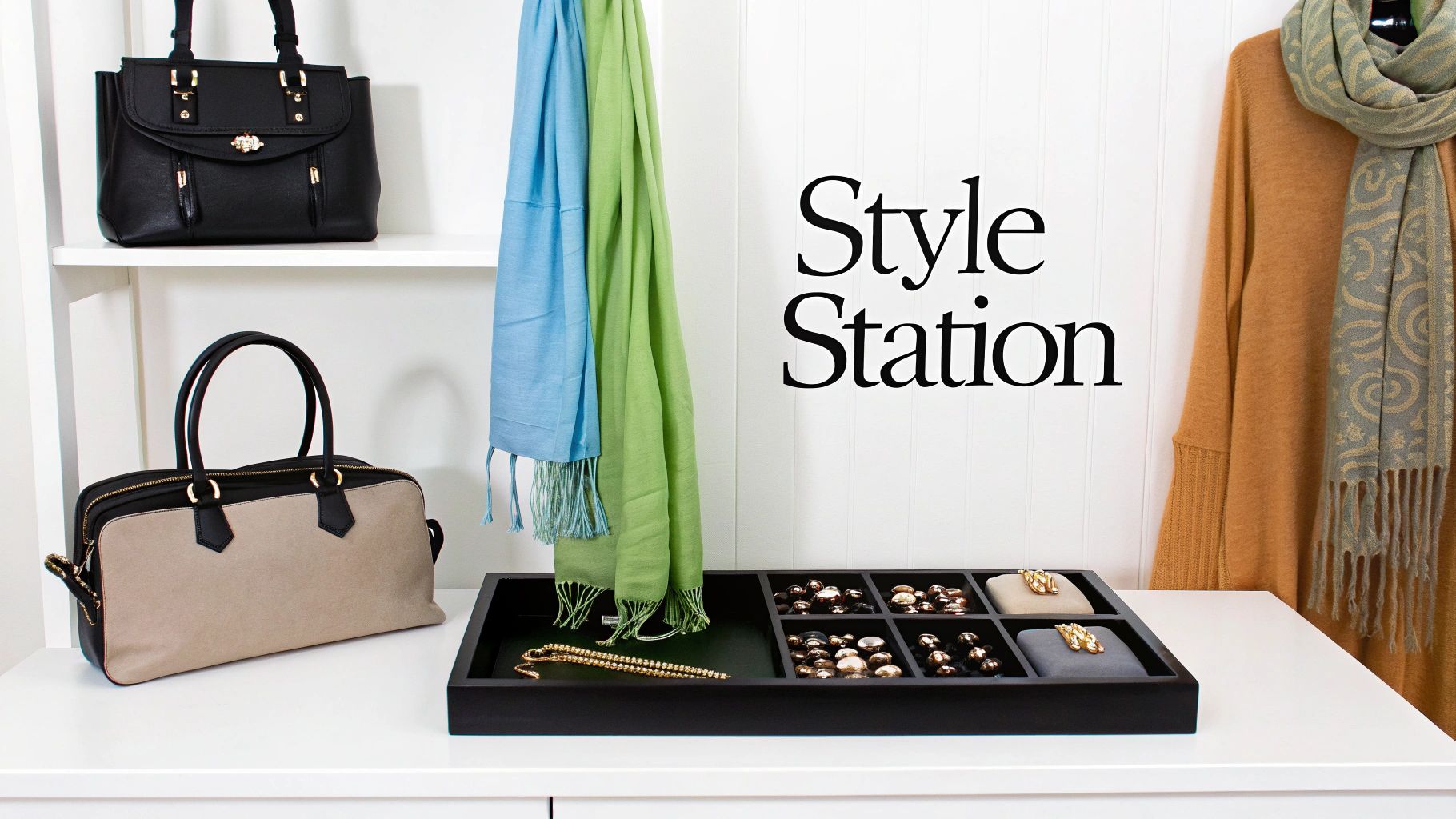 Organized style station display featuring handbags, jewelry tray, scarves, and accessories on white shelving unit