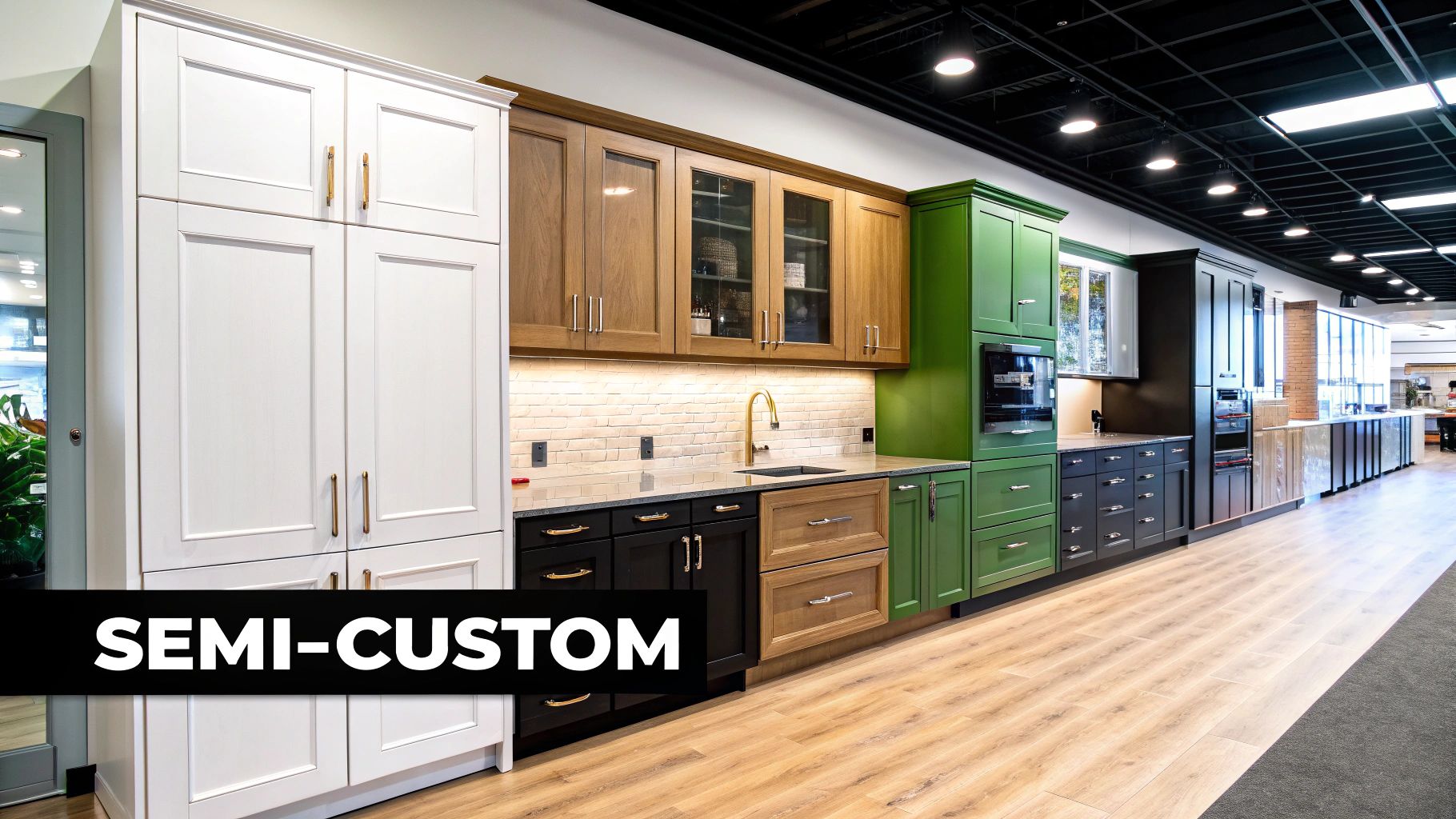 A modern kitchen with sleek, handleless semi-custom cabinets in a light wood finish, showcasing a clean and organized design.